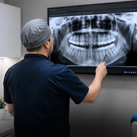 Doctor de CPH Salud analizando una radiografía panorámica en pantalla