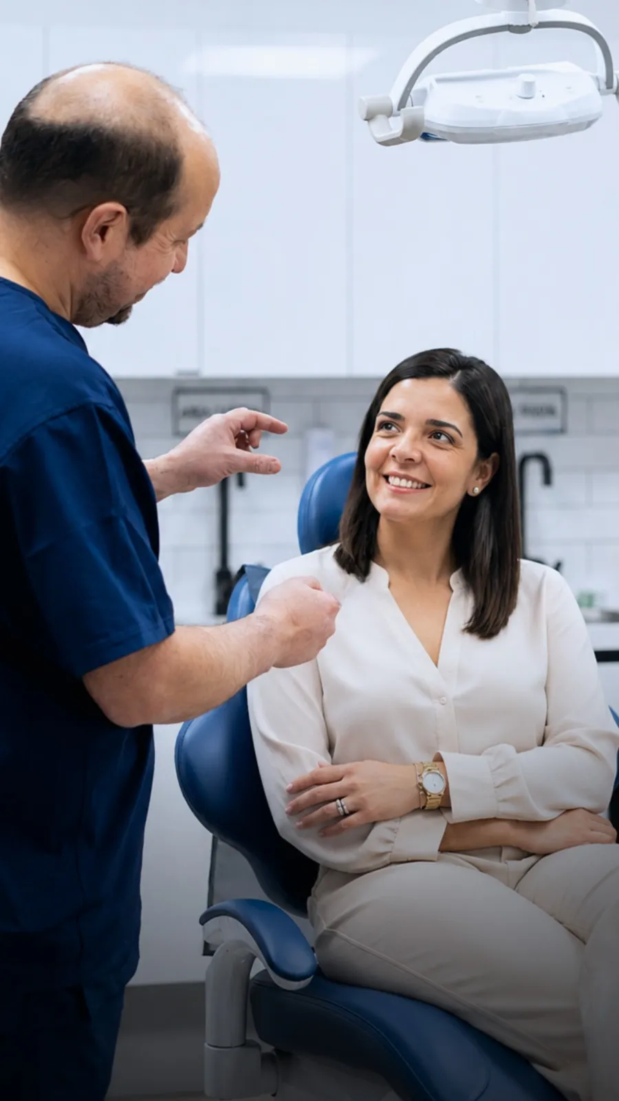 El Dr. Francisco Ortiz conversa de pie con una paciente sonriente sentada en el sillón dental de CPH Salud