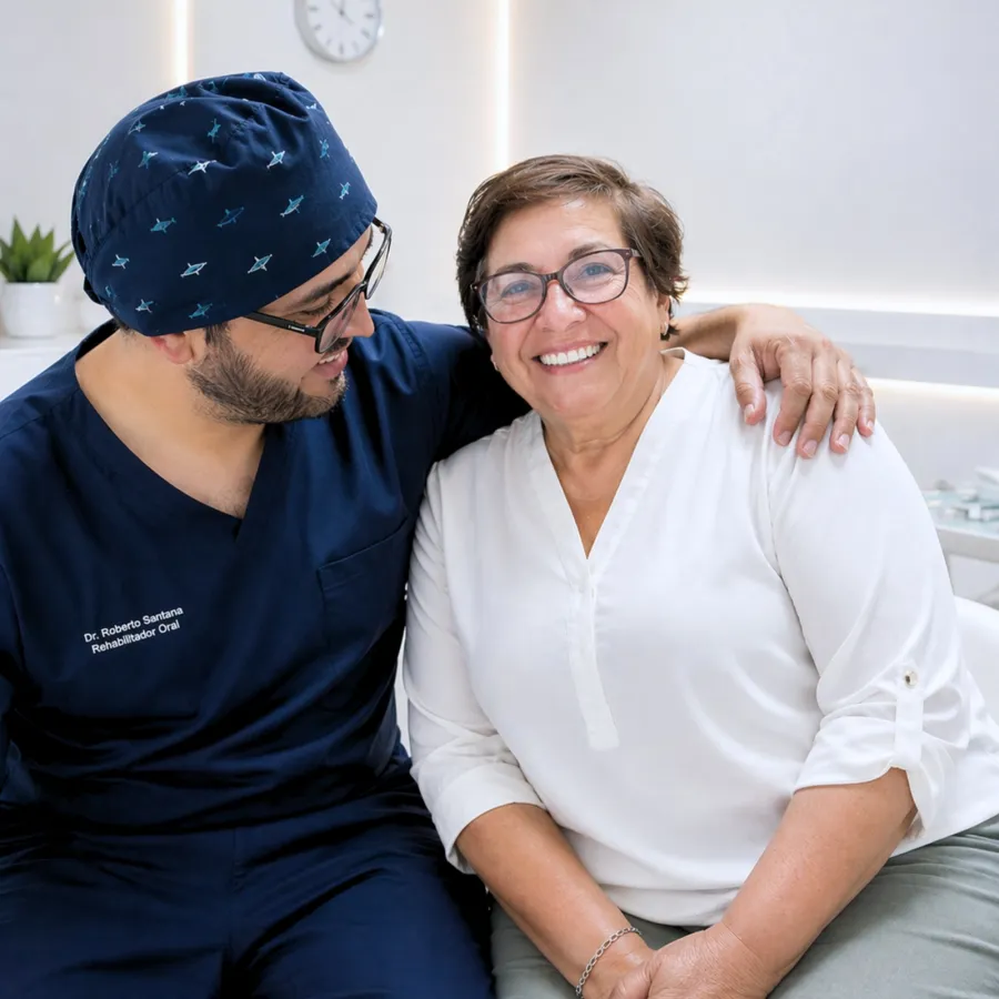Dr. Roberto Santana, rehabilitador oral de CPH Salud, junto a un paciente rehabilitado sonriendo