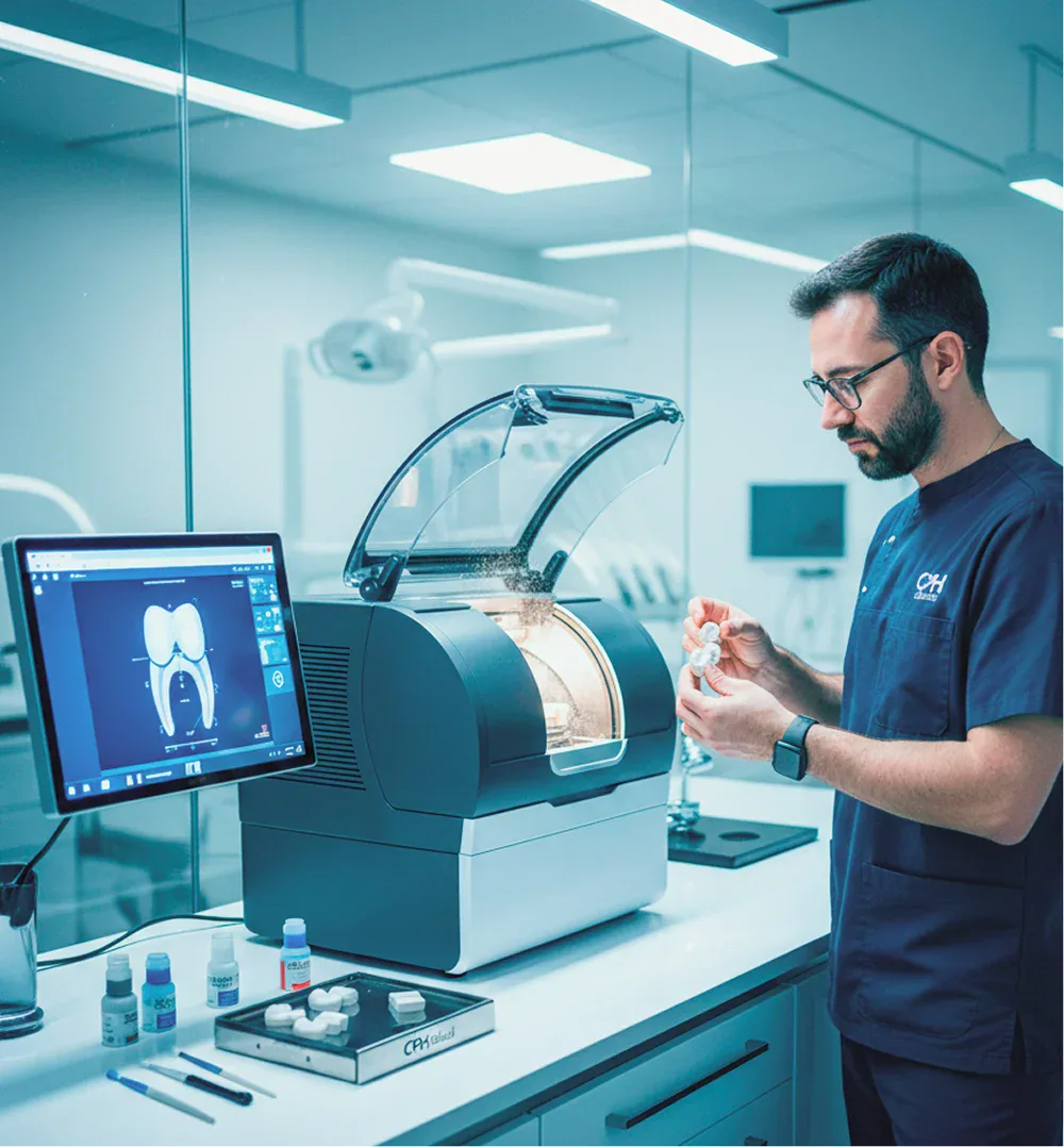 Fresadora CEREC tallando una pieza cerámica en el laboratorio digital de CPH Salud