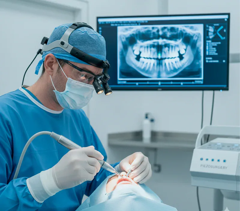 Cirujano operando con el sistema Piezosurgery de corte óseo ultrasónico en pabellón de CPH Salud