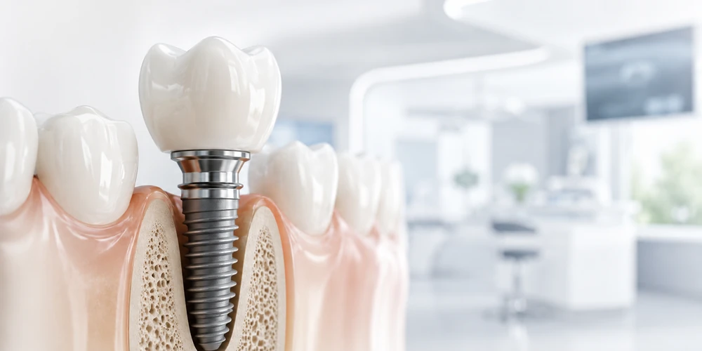 Ilustración de un implante dental de titanio integrado en la encía